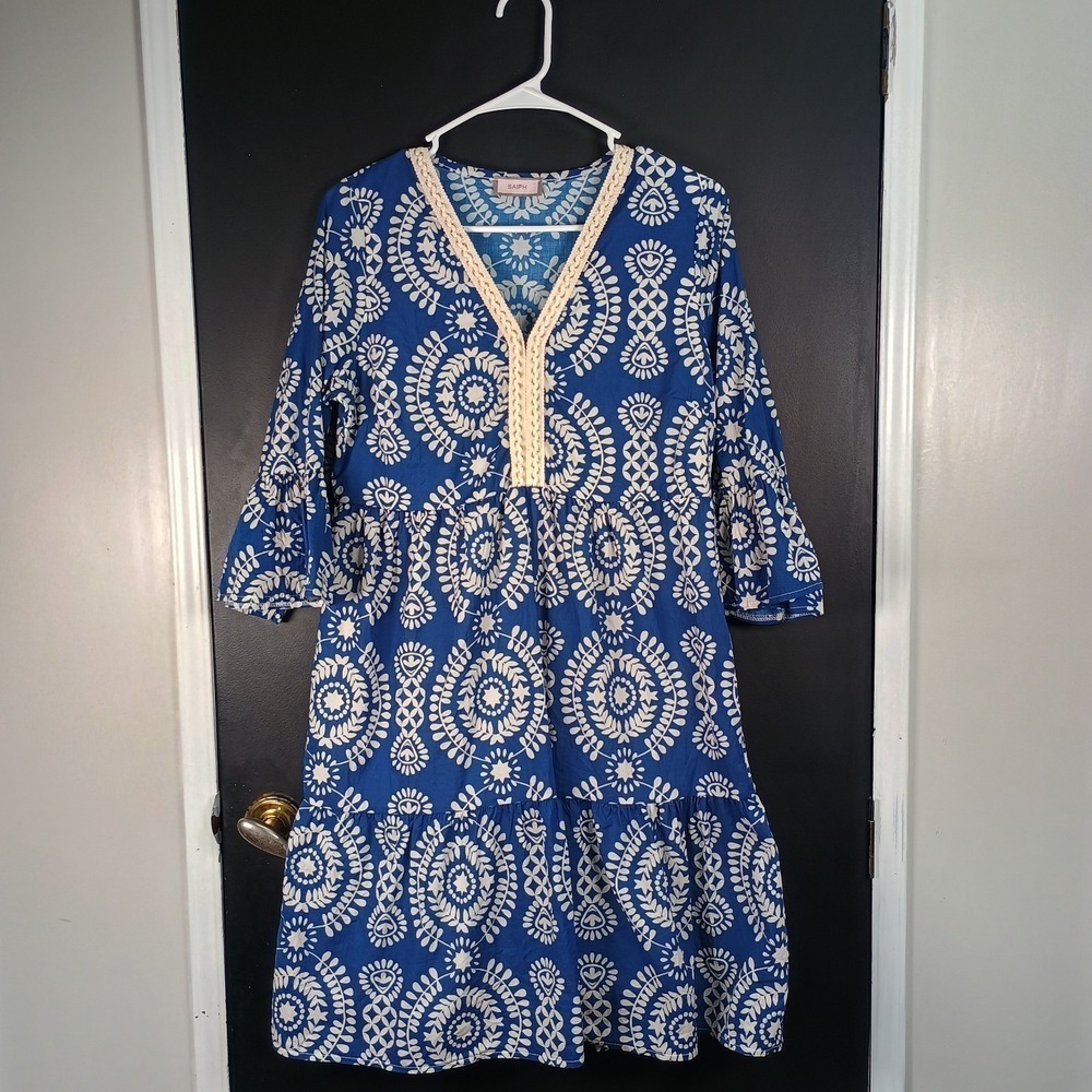 SAIPH Boho Flowy Tiered blue White V Neck Cotton Lightweight  3/4  Sleeve Dress